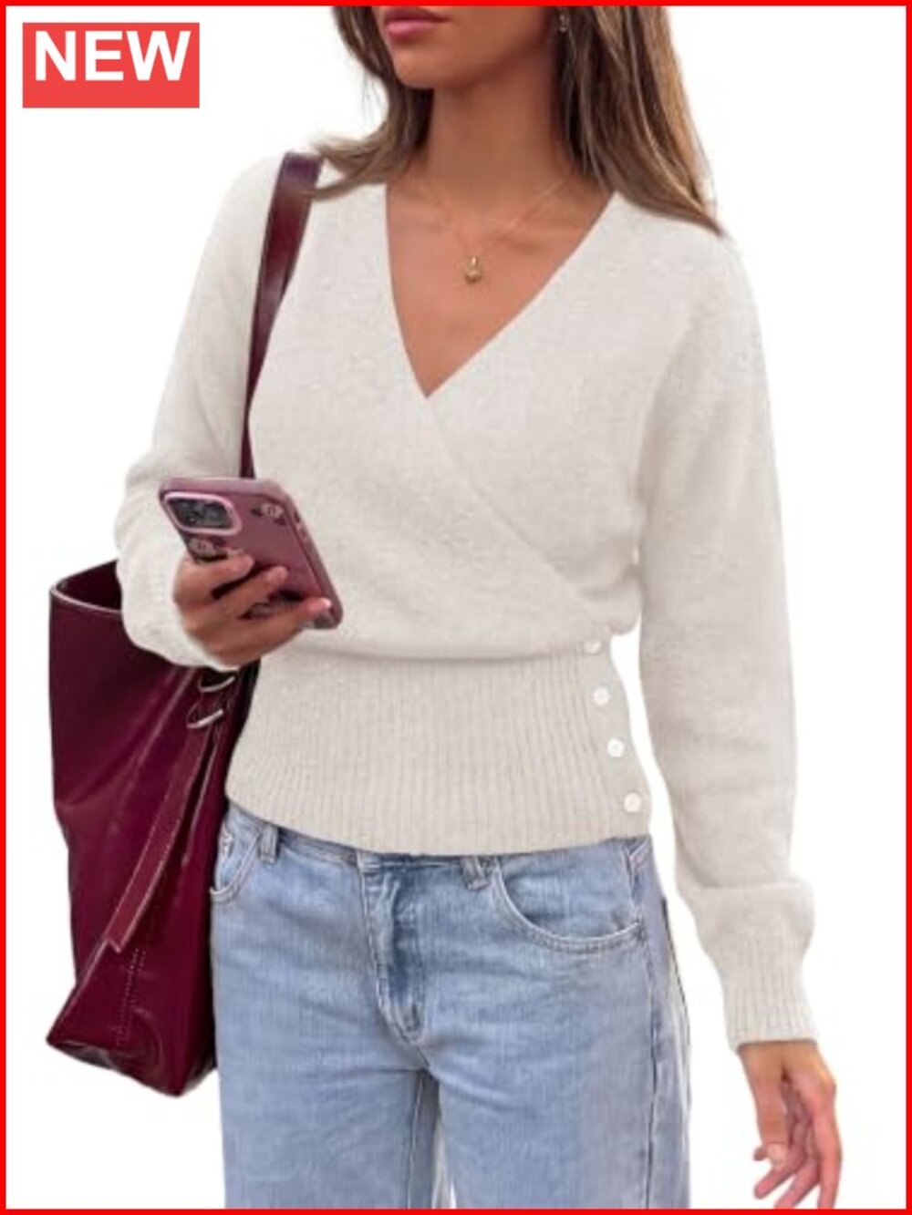 Women V Neck Wrap Sweater Cropped Long Sleeve Knit Pullover